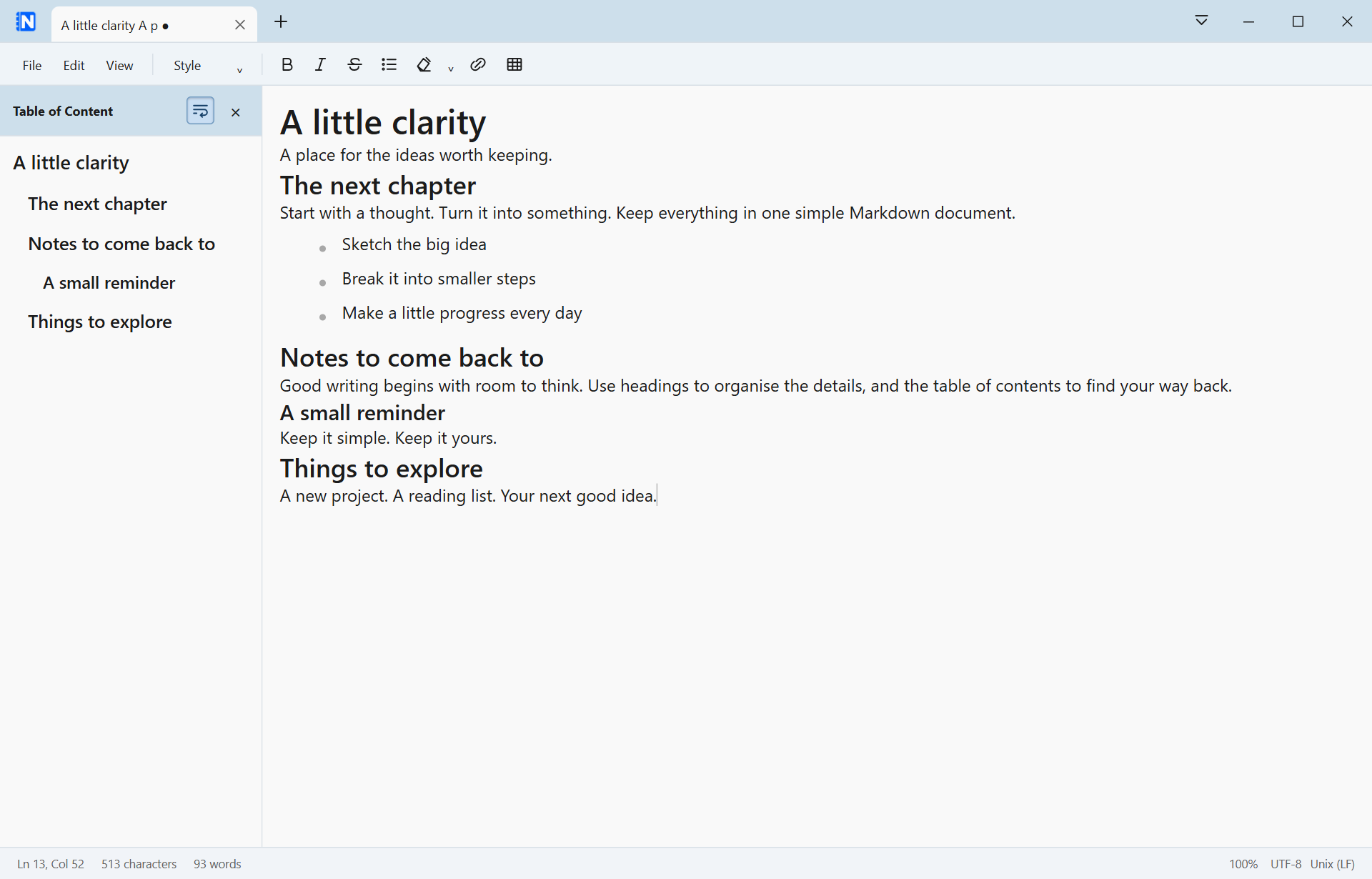 Notebook editor showing illustrative project notes, multiple heading levels, a live table of contents, formatting tools and document tabs.